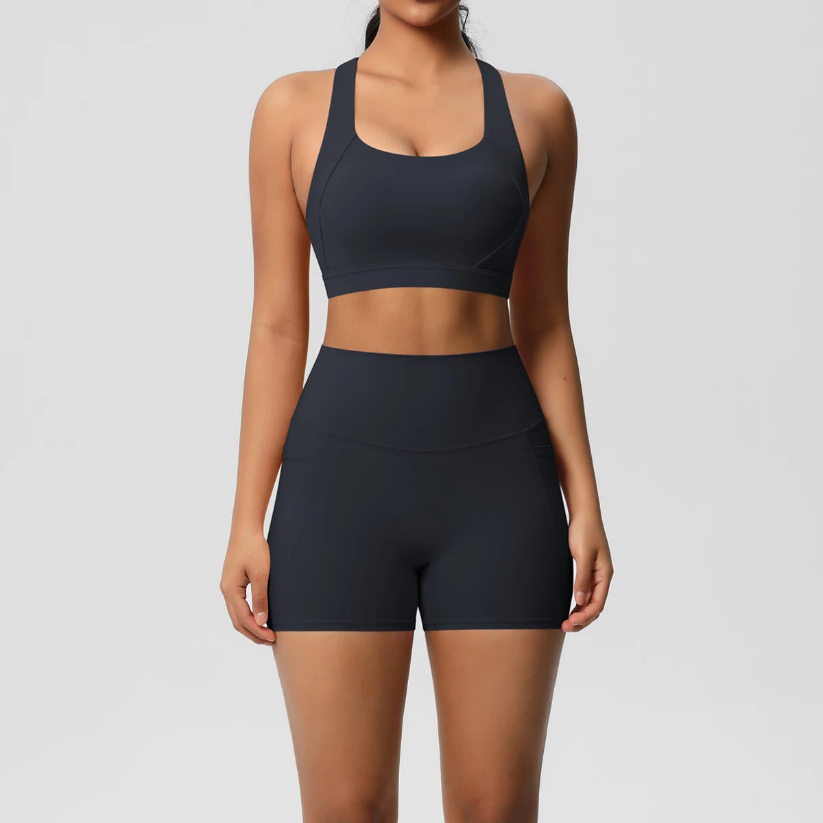 2PCS Women’s Yoga Set with Pockets – Crossover Bra & Sports Shorts / Leggings Gym Outfit