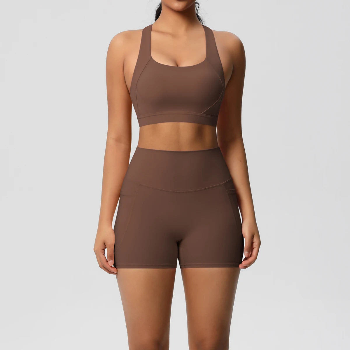 2PCS Women’s Yoga Set with Pockets – Crossover Bra & Sports Shorts / Leggings Gym Outfit