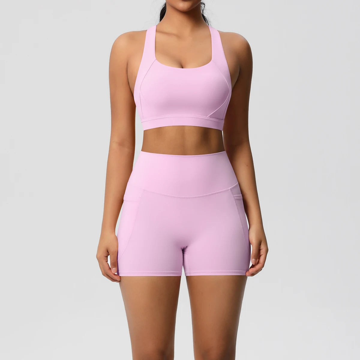 2PCS Women’s Yoga Set with Pockets – Crossover Bra & Sports Shorts / Leggings Gym Outfit