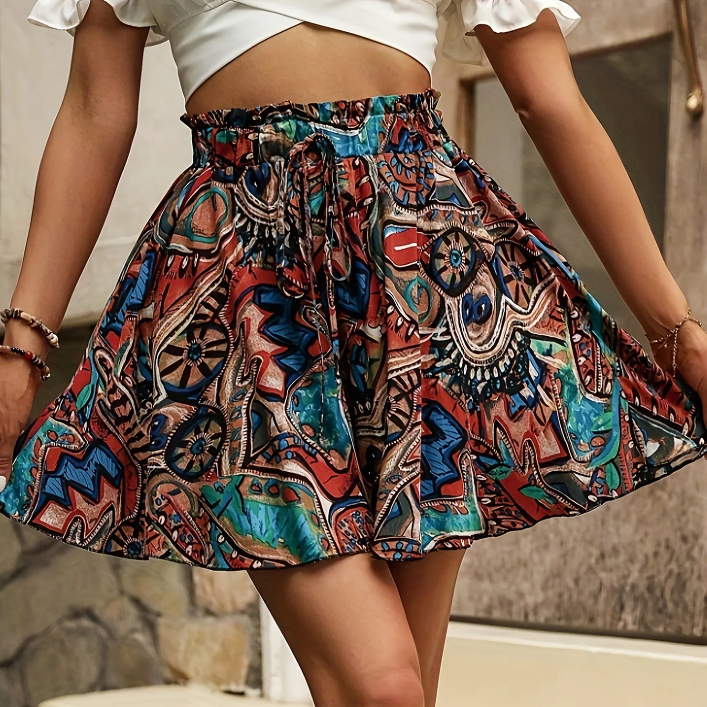 Women’s Bohemian High-Waist Drawstring Shorts – Lightweight & Comfortable