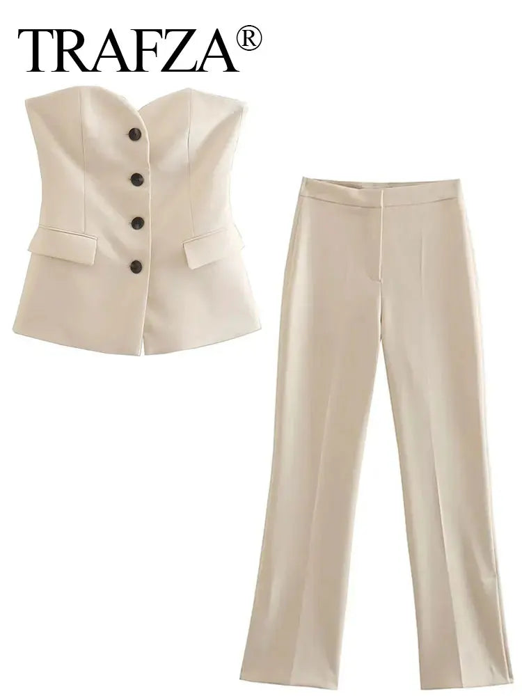 Elegant Women’s Strapless Pant Suit – Button-Up Top & Side-Slit Trousers
