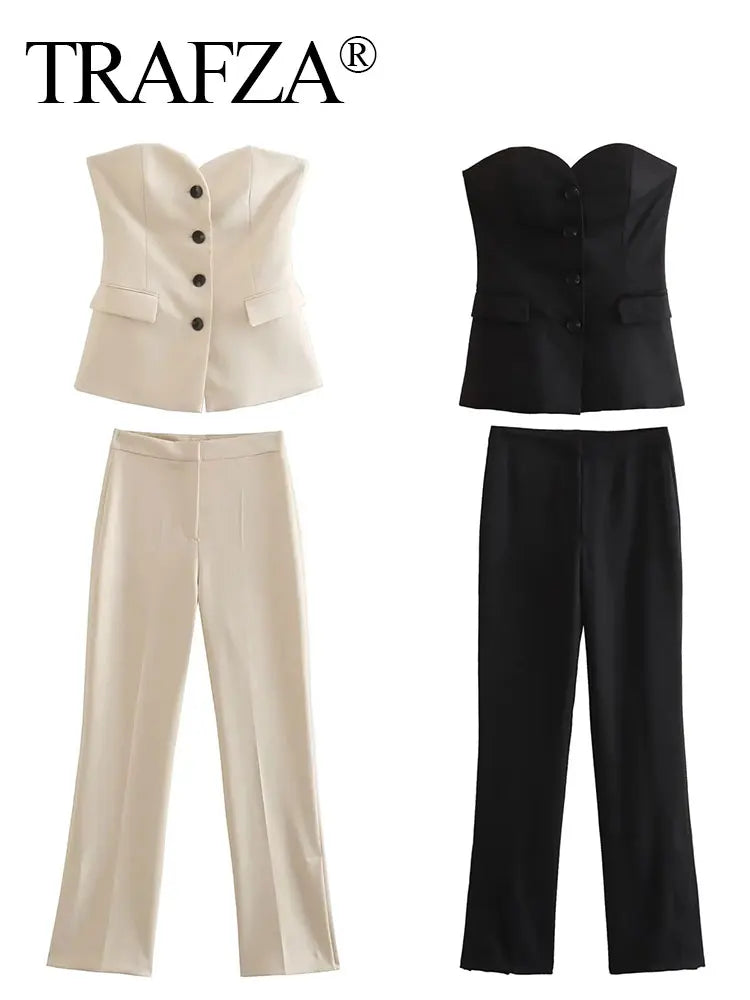 Elegant Women’s Strapless Pant Suit – Button-Up Top & Side-Slit Trousers