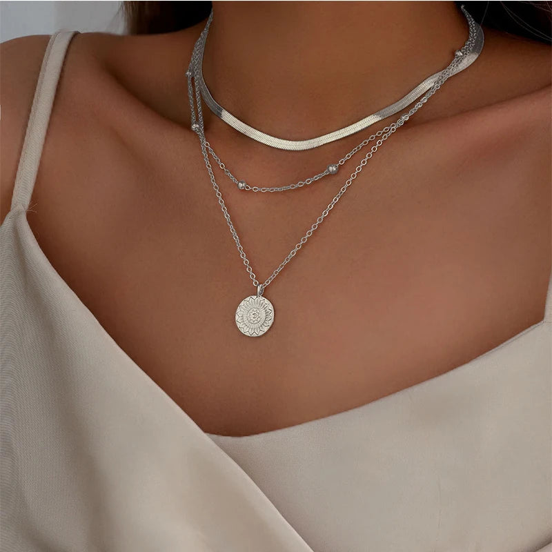 Fashion Flat Snake Chain Necklace with Three-Layer Coin Disc Pendants