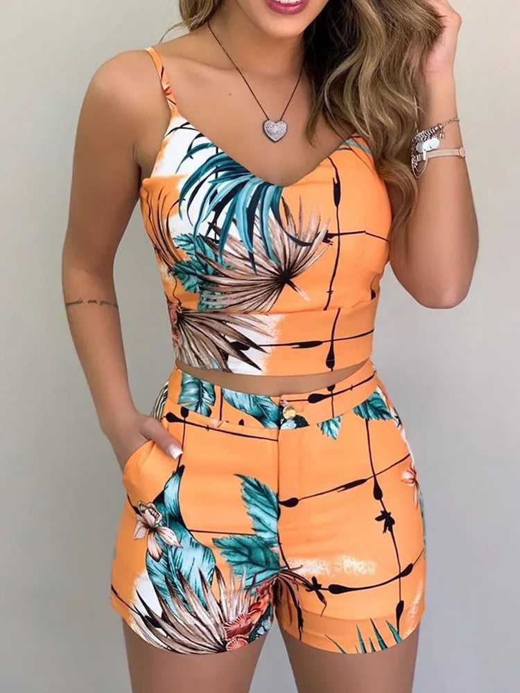 Women’s Summer Two-Piece Set – Sleeveless Floral Vest & Short Pants