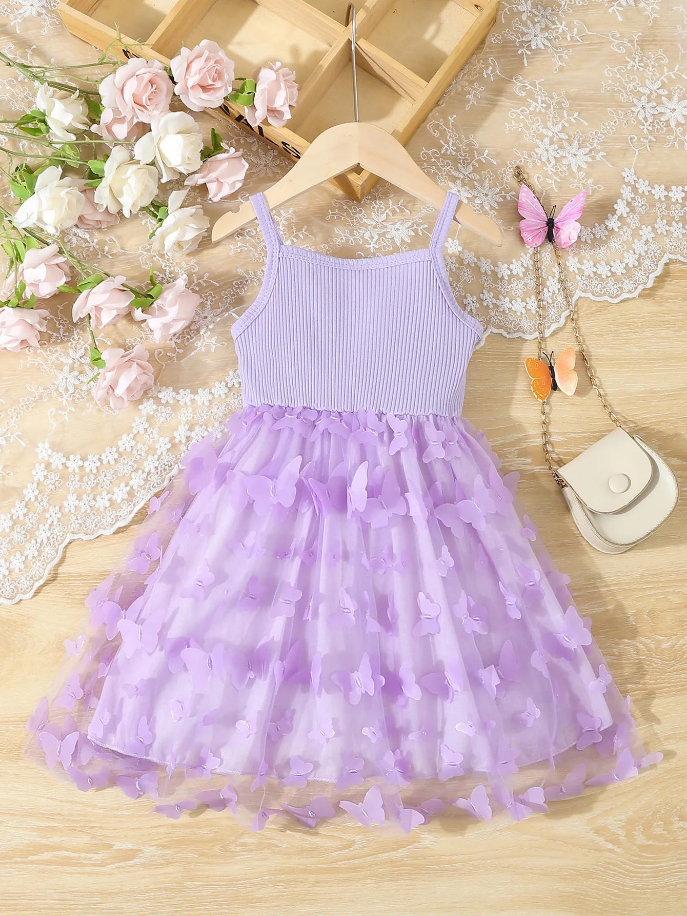 Summer Toddler & Kids Girl’s Butterfly Decor Mesh Splicing Cami Dress