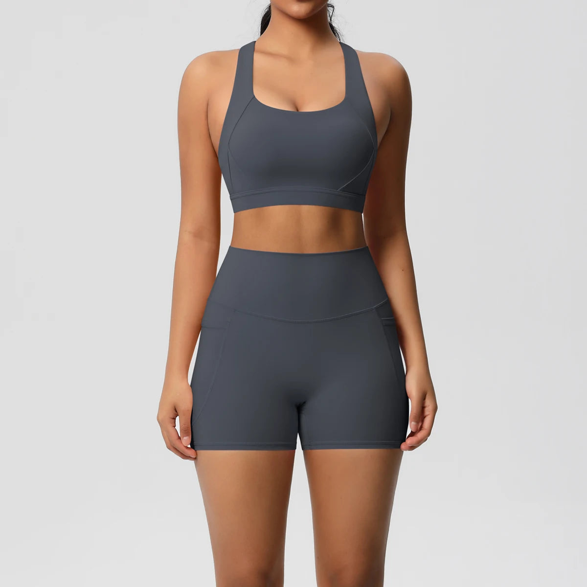 2PCS Women’s Yoga Set with Pockets – Crossover Bra & Sports Shorts / Leggings Gym Outfit
