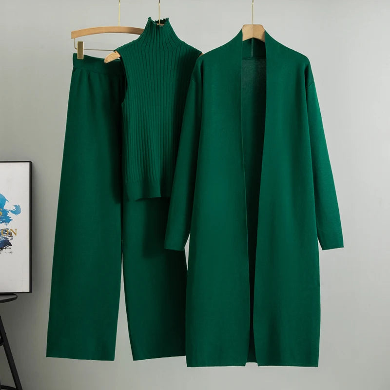 Spring Autumn Women’s 3-Piece Cardigan Tracksuit – Vintage-Inspired Knitted Sweater & Pants Set