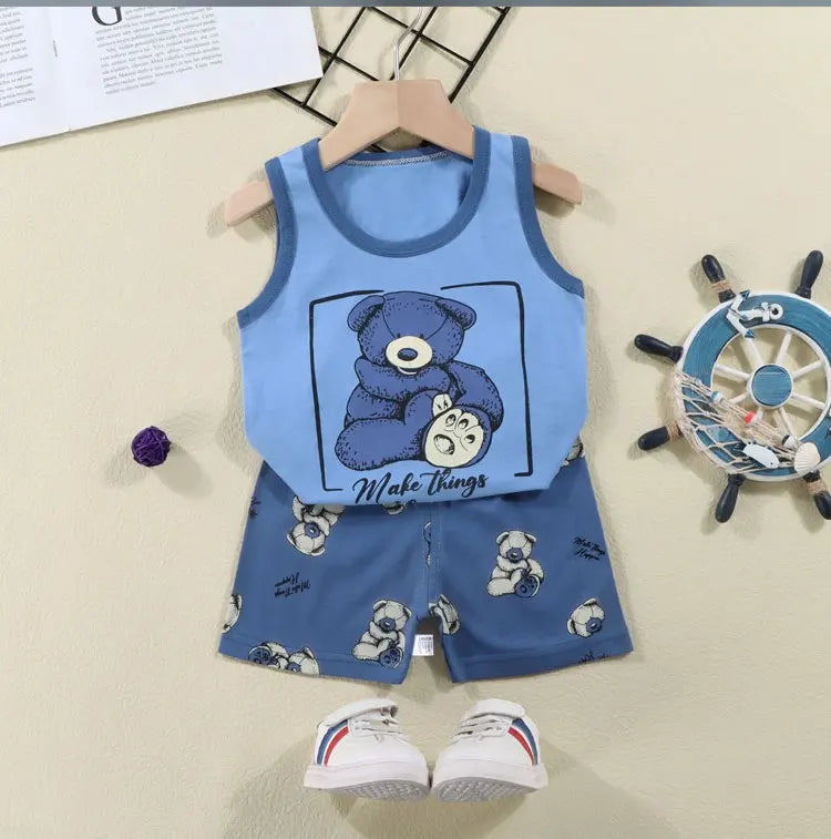 2PCS Baby & Kids Summer Outfit – Cotton Sleeveless T-Shirt + Shorts Set for Boys & Girls