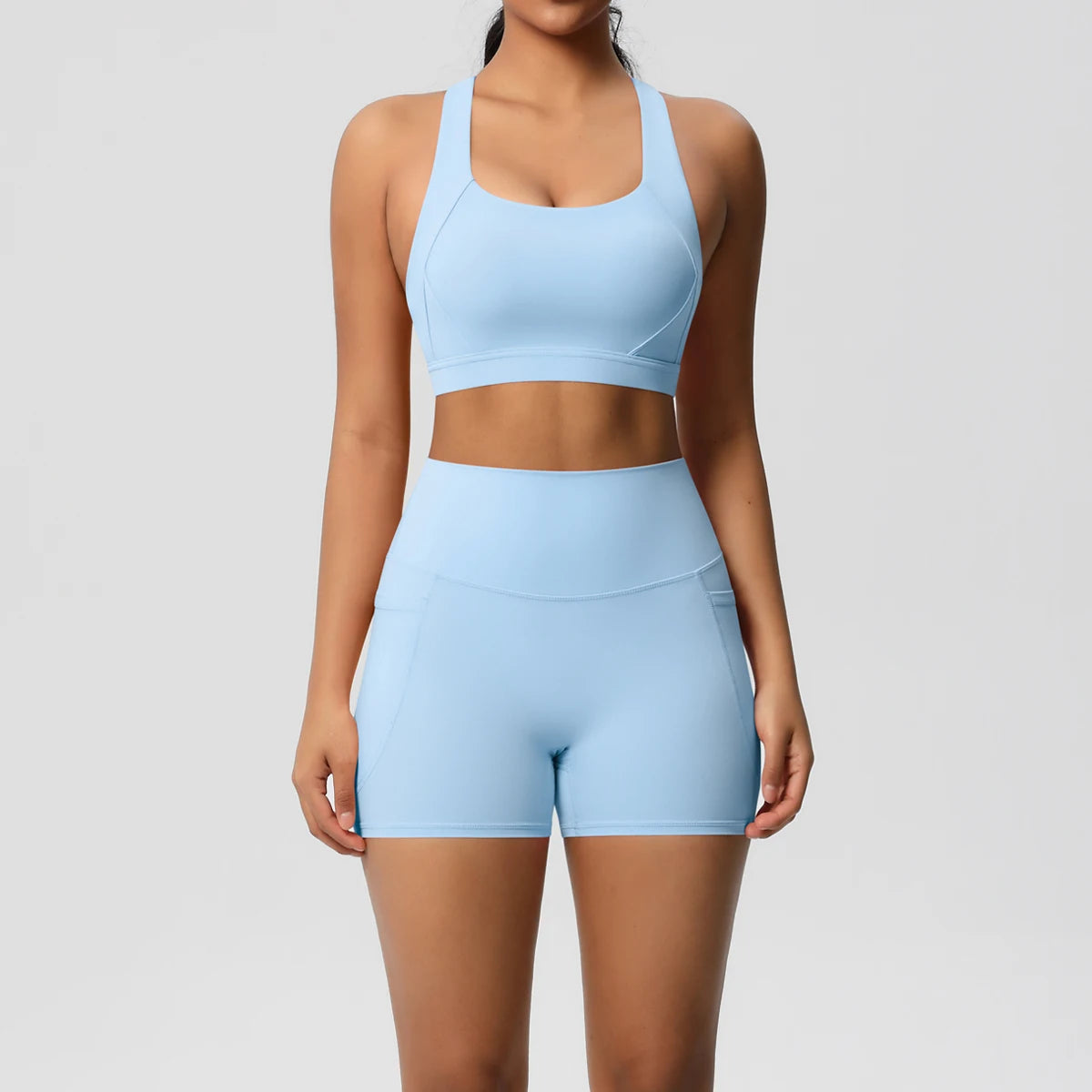 2PCS Women’s Yoga Set with Pockets – Crossover Bra & Sports Shorts / Leggings Gym Outfit