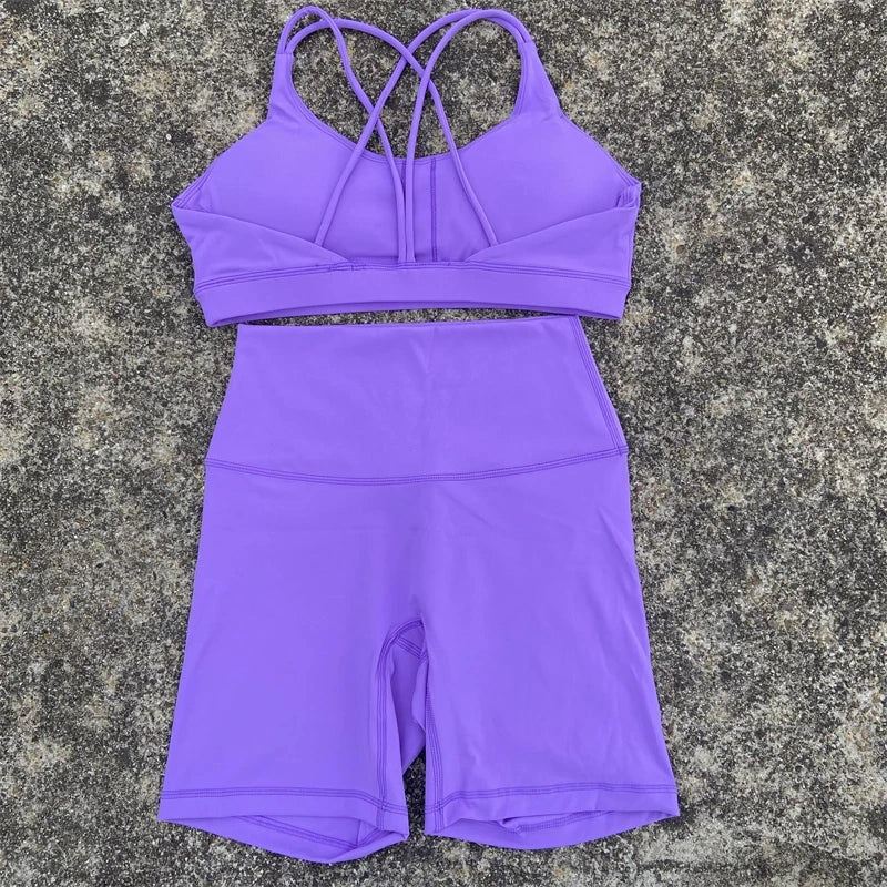 2-Piece Solid Color Gym & Yoga Set – Cross-Back Sports Bra + Biker Shorts