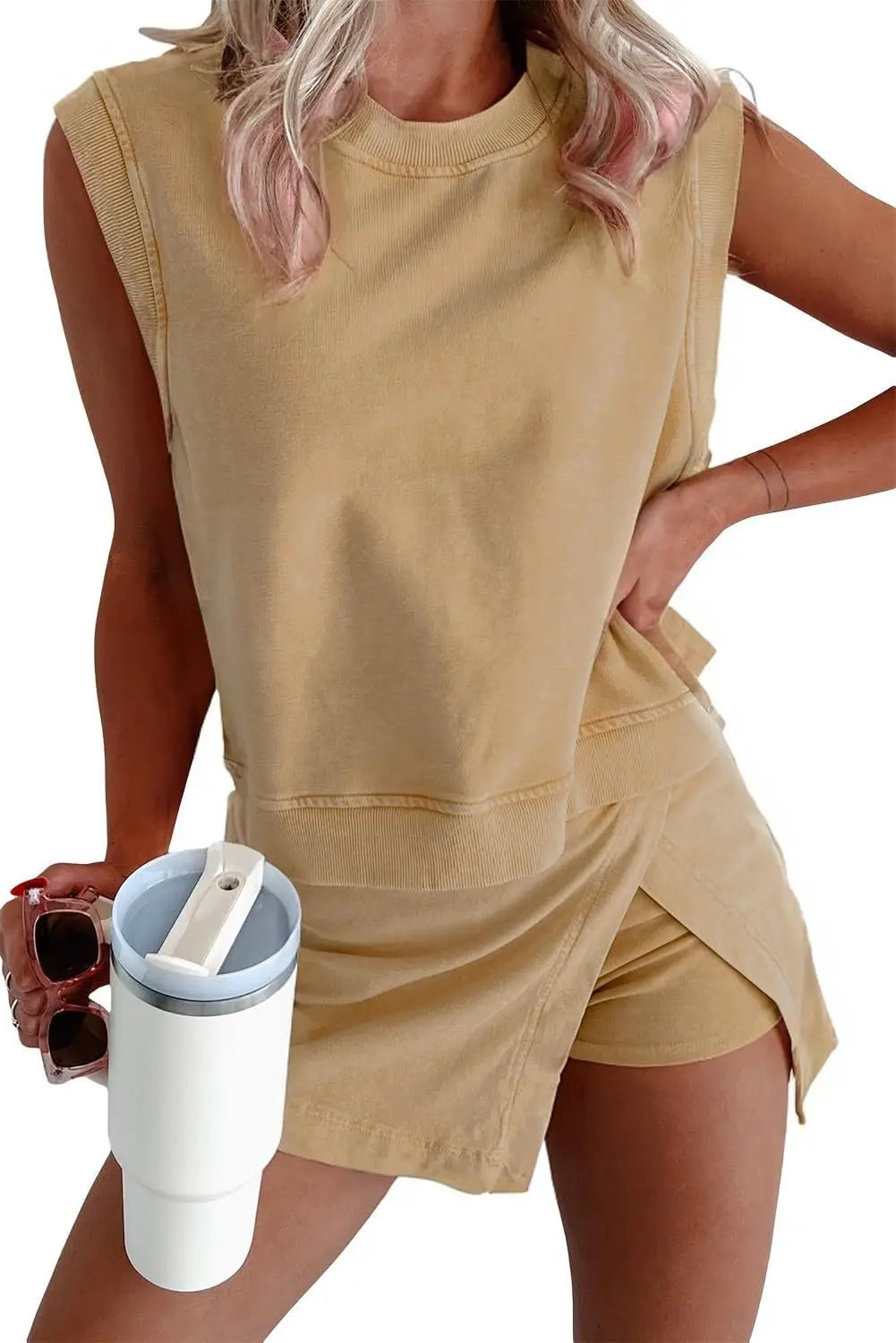 Y2K Cotton 2-Piece Outfit for Women – Pullover Top + Spliced High-Waist Skirt Shorts Set