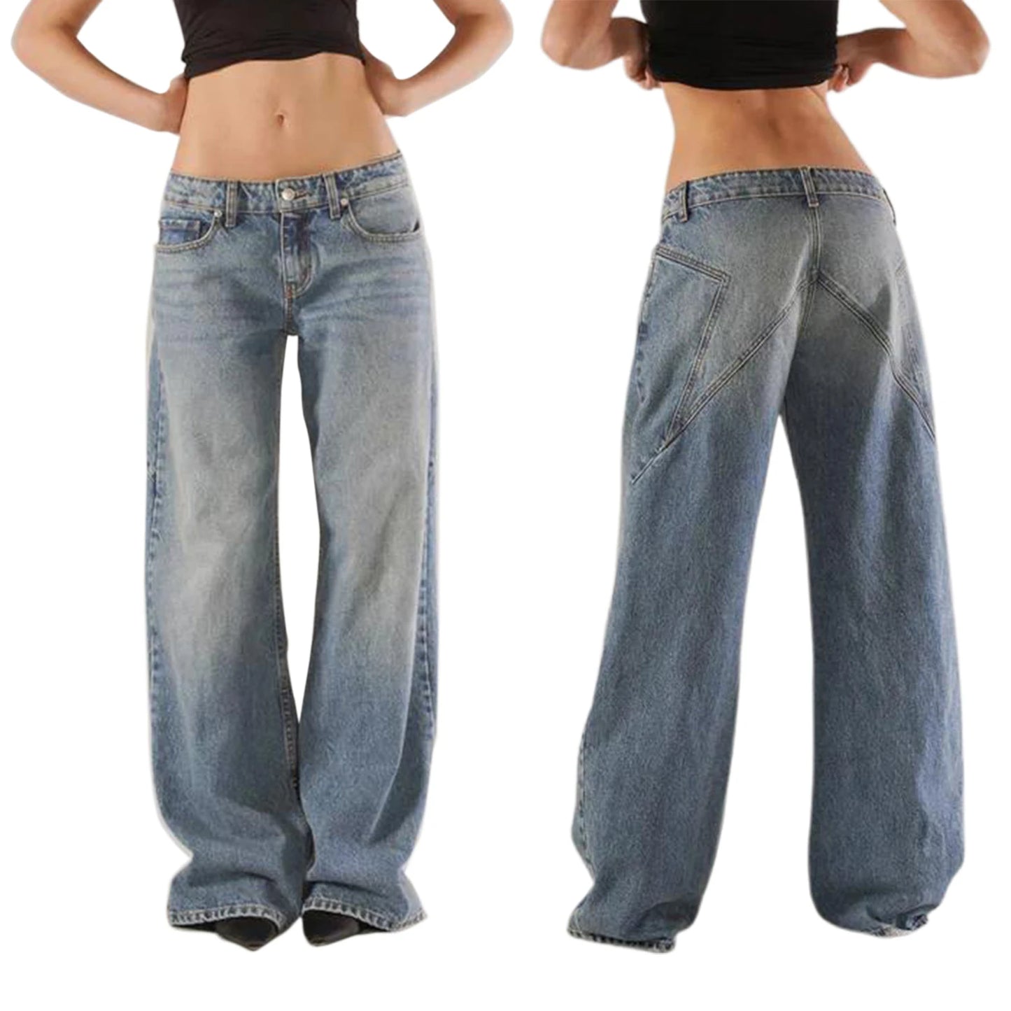 Women’s Y2K Vintage Gradient Jeans – Low Waist Wide-Leg Denim with Pockets