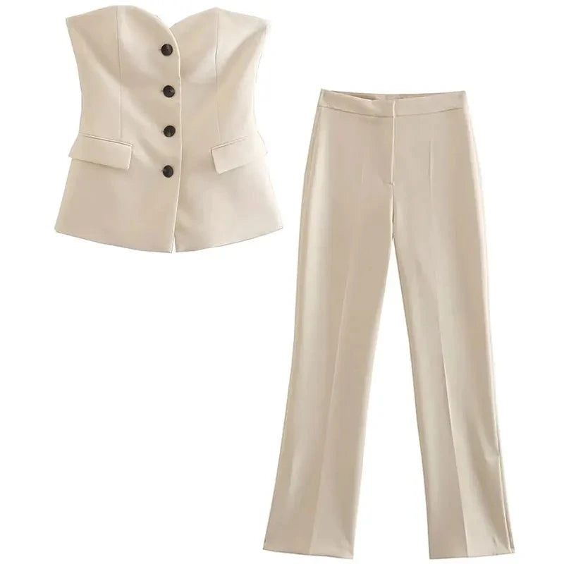Elegant Women’s Strapless Pant Suit – Button-Up Top & Side-Slit Trousers