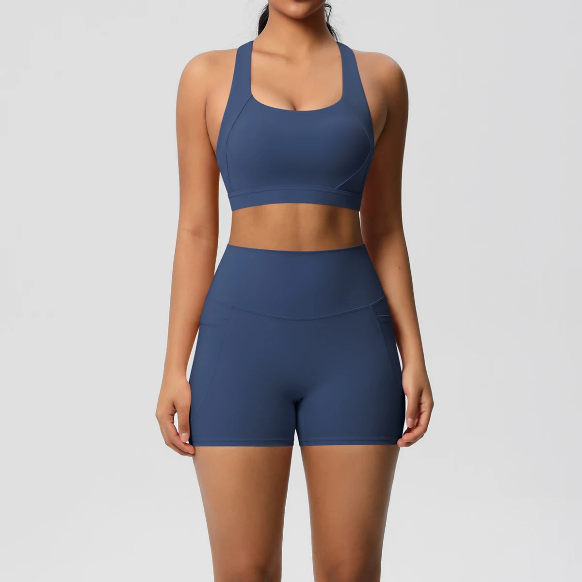 2PCS Women’s Yoga Set with Pockets – Crossover Bra & Sports Shorts / Leggings Gym Outfit