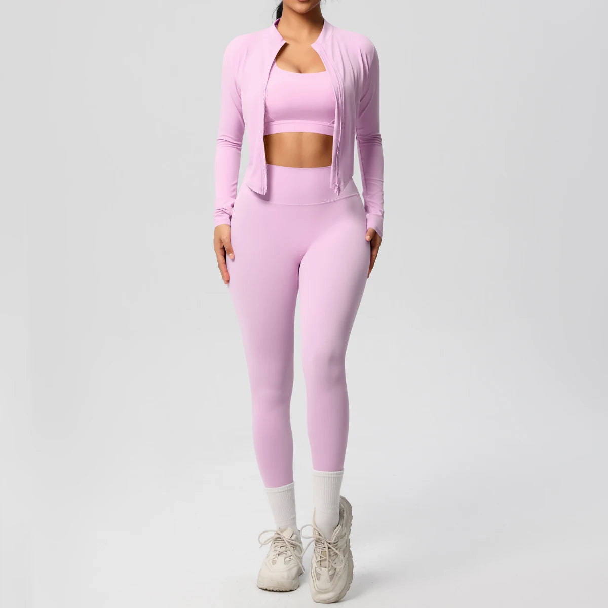 3-Piece Women's Sportswear Yoga Set – Zipper Jacket, Sports Bra & Leggings