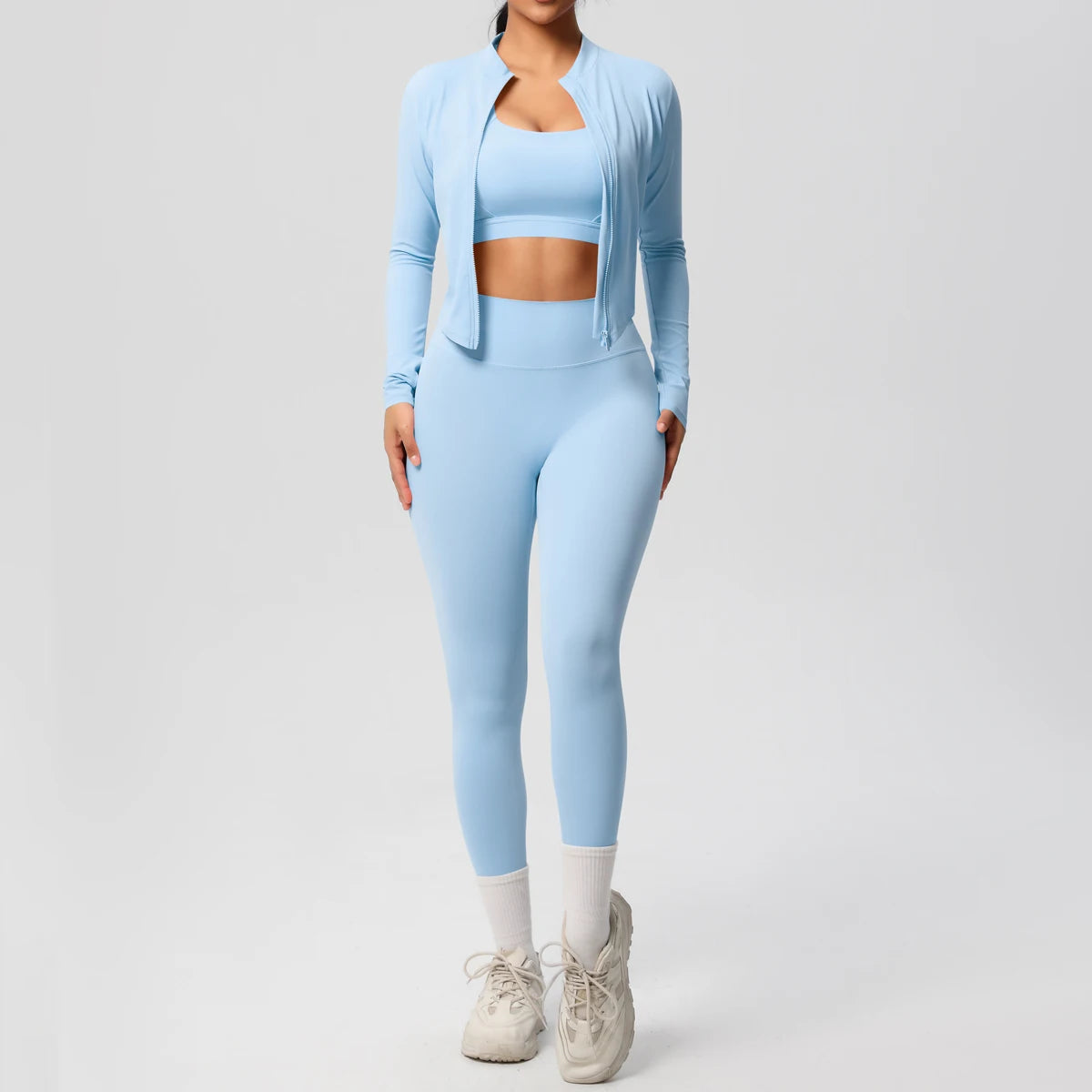 3-Piece Women's Sportswear Yoga Set – Zipper Jacket, Sports Bra & Leggings