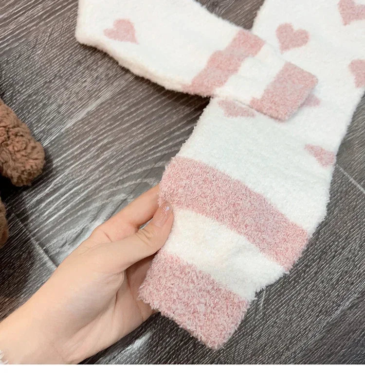 Heart Print Soft High Waist Coral Fleece Sleep Bottoms