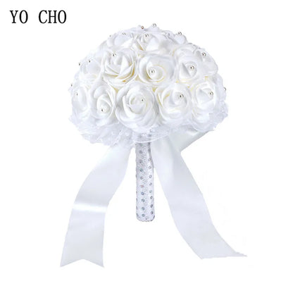Elegant Blue Bridal Bouquet – Artificial PE Roses with Pearls