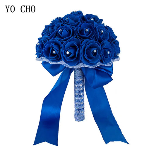 Elegant Blue Bridal Bouquet – Artificial PE Roses with Pearls