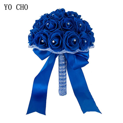 Elegant Blue Bridal Bouquet – Artificial PE Roses with Pearls