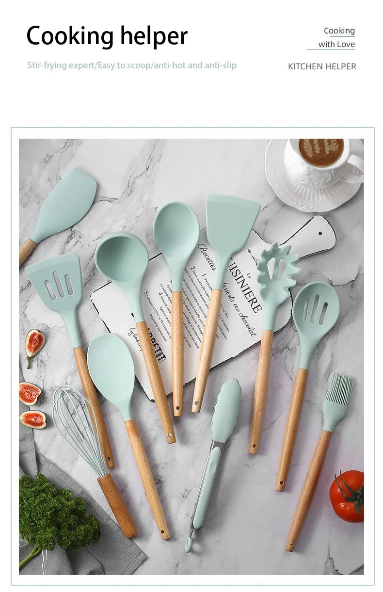 12 pcs Set of Multi-color Silicone Wooden Handle Kitchenware