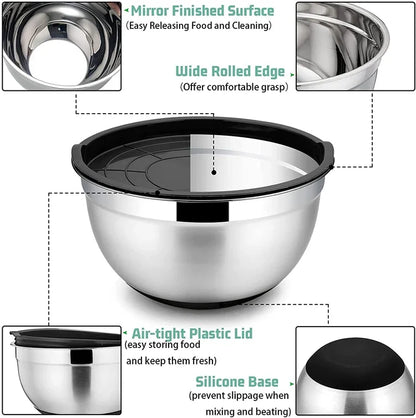 6-Piece Stainless Steel Mixing Bowls with Lids & Non-Slip Bases