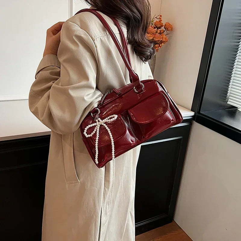 Solid Sewing Thread Fashion Glossy PU Shoulder Bags