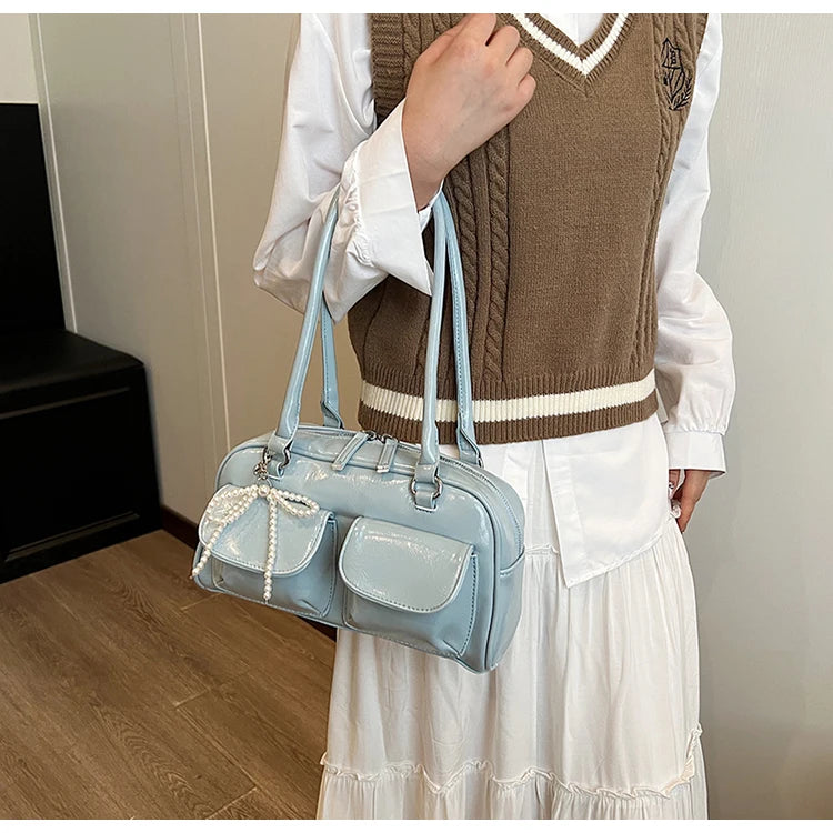 Solid Sewing Thread Fashion Glossy PU Shoulder Bags