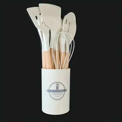 12 pcs Set of Multi-color Silicone Wooden Handle Kitchenware