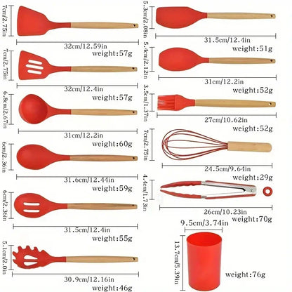 12 pcs Set of Multi-color Silicone Wooden Handle Kitchenware