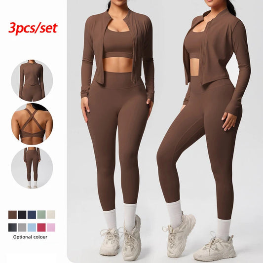 3-Piece Women's Sportswear Yoga Set – Zipper Jacket, Sports Bra & Leggings