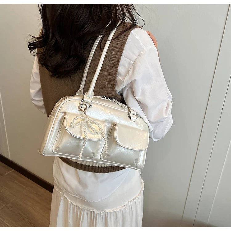 Solid Sewing Thread Fashion Glossy PU Shoulder Bags