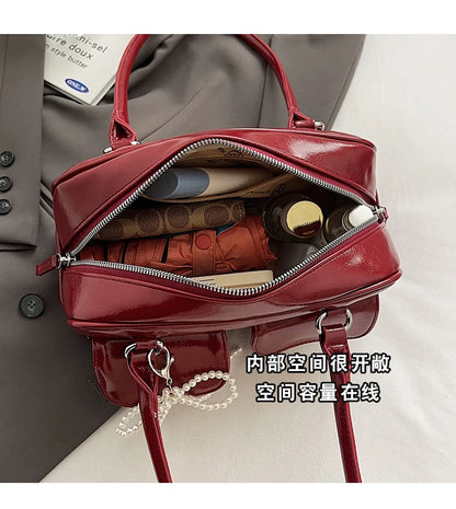 Solid Sewing Thread Fashion Glossy PU Shoulder Bags