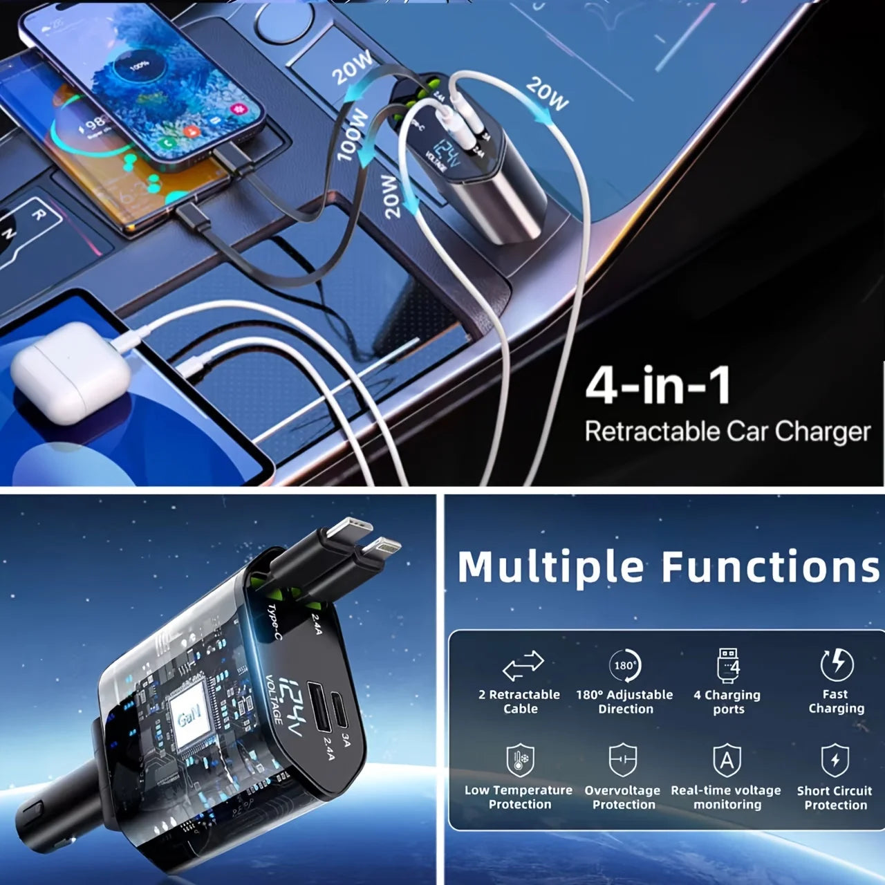 4-in-1 120W Retractable Car Charger with USB Type-C Cable