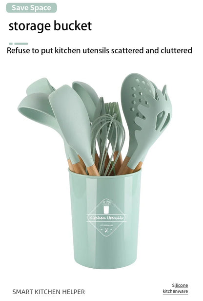 12 pcs Set of Multi-color Silicone Wooden Handle Kitchenware