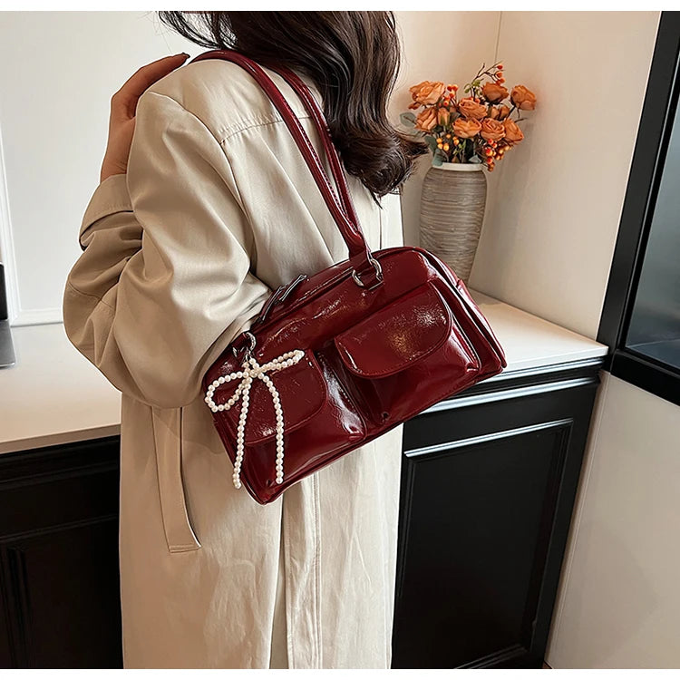 Solid Sewing Thread Fashion Glossy PU Shoulder Bags