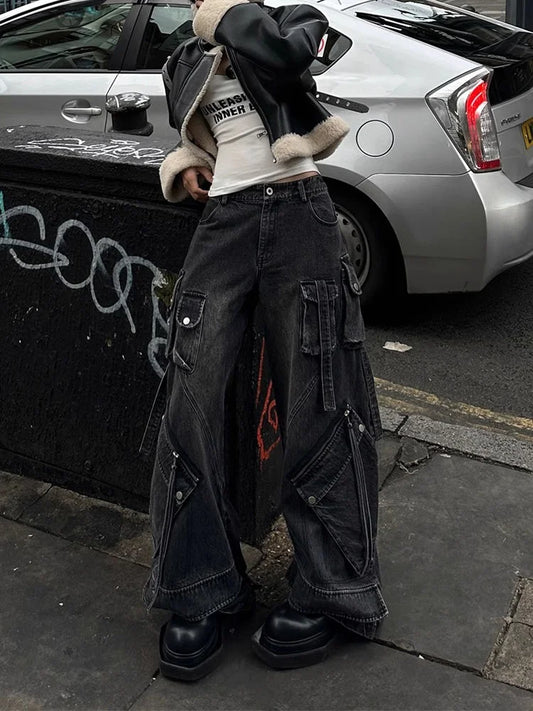 2025 Y2K Punk Streetwear Baggy Cargo Jeans – Washed Black Wide-Leg Pants for Women