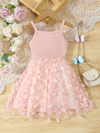 Summer Toddler & Kids Girl’s Butterfly Decor Mesh Splicing Cami Dress