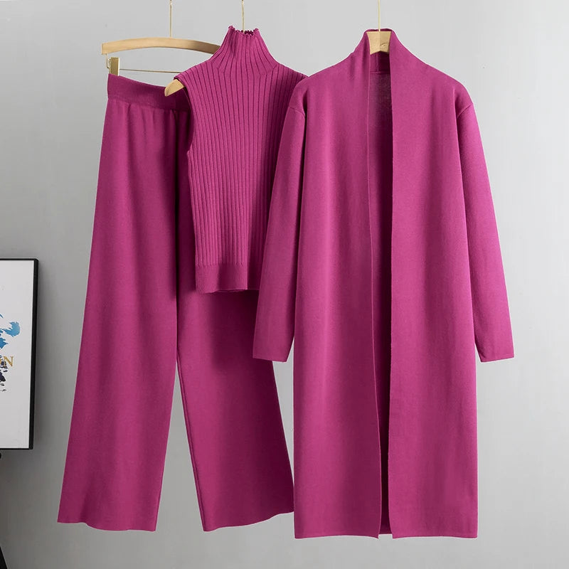 Spring Autumn Women’s 3-Piece Cardigan Tracksuit – Vintage-Inspired Knitted Sweater & Pants Set