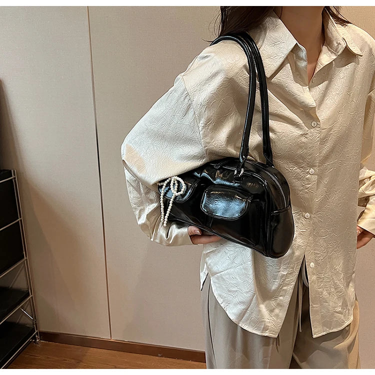 Solid Sewing Thread Fashion Glossy PU Shoulder Bags