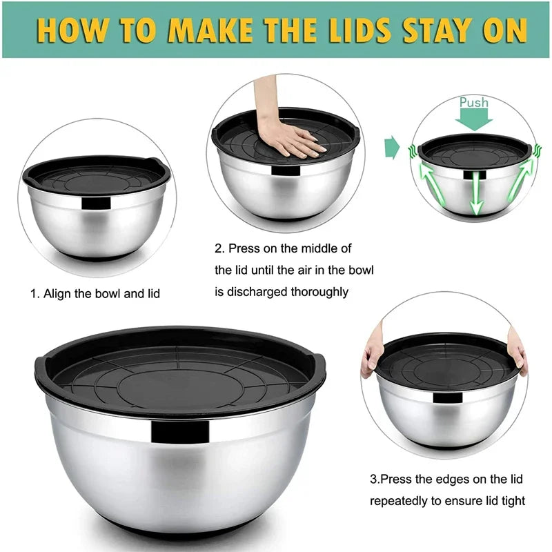 6-Piece Stainless Steel Mixing Bowls with Lids & Non-Slip Bases