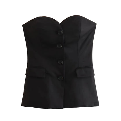 Elegant Women’s Strapless Pant Suit – Button-Up Top & Side-Slit Trousers
