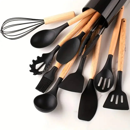12 pcs Set of Multi-color Silicone Wooden Handle Kitchenware