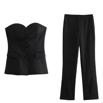 Elegant Women’s Strapless Pant Suit – Button-Up Top & Side-Slit Trousers