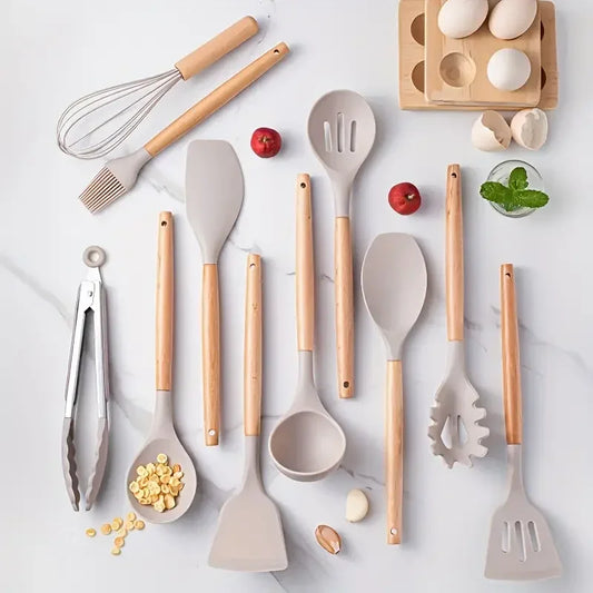 12 pcs Set of Multi-color Silicone Wooden Handle Kitchenware