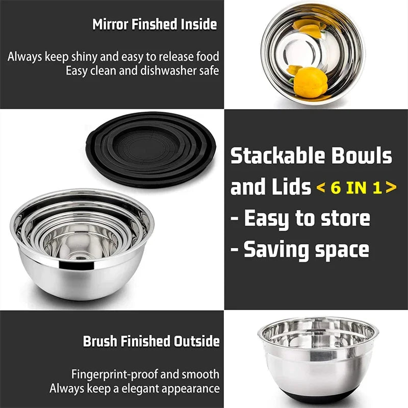 6-Piece Stainless Steel Mixing Bowls with Lids & Non-Slip Bases