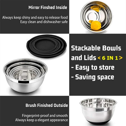 6-Piece Stainless Steel Mixing Bowls with Lids & Non-Slip Bases