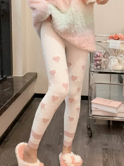 Heart Print Soft High Waist Coral Fleece Sleep Bottoms