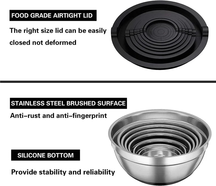 6-Piece Stainless Steel Mixing Bowls with Lids & Non-Slip Bases