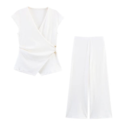 Summer New Women’s Two-Piece Set – Pin-Decorated Sleeveless Double-Breasted V-Neck Top & Mid-Waist Casual Pants